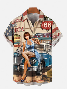 Route 66 Retro Classic Car And Pin Up Girl Printing Men's Plus Size Short Sleeve Shirt