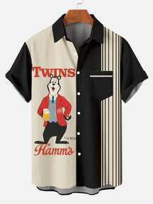 Men's Fun Cartoon Beer Bear Striped Contrast Plus Size Lapel Short Sleeve Shirt  Hawaiian Shirt