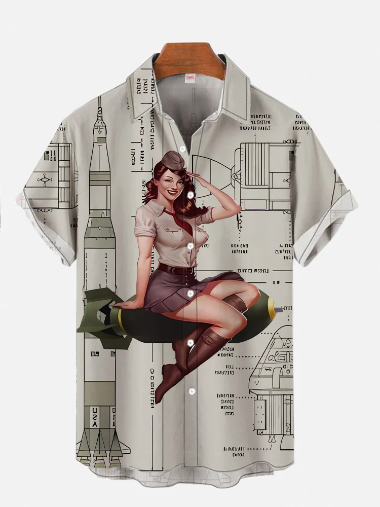 Vintage Pin Up Art Sexy Military Girls Air Force Printing Men's Plus Size Short Sleeve Shirt