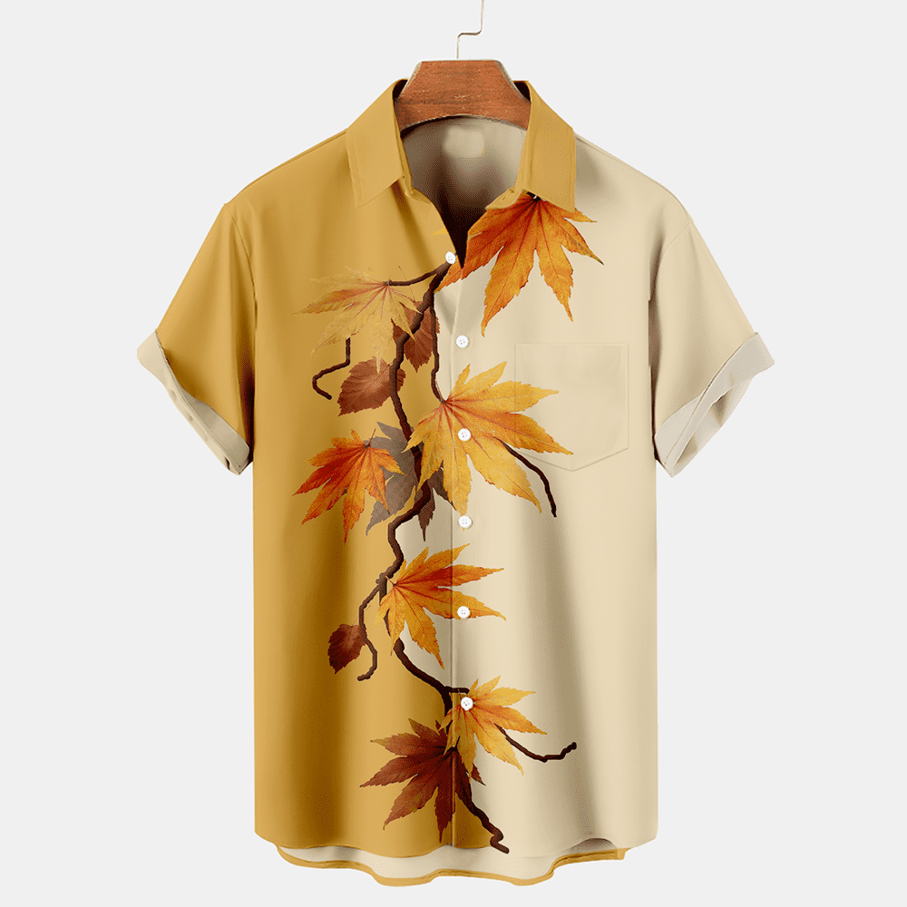 Men's Thanksgiving Maple Leaf Printed Casual Short Sleeve Plus Size Shirt