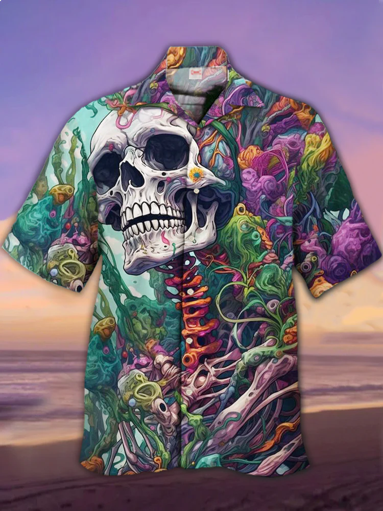Bright Magic Psychedelic Skull Printed   Men's Plus Size Short Sleeve Shirt