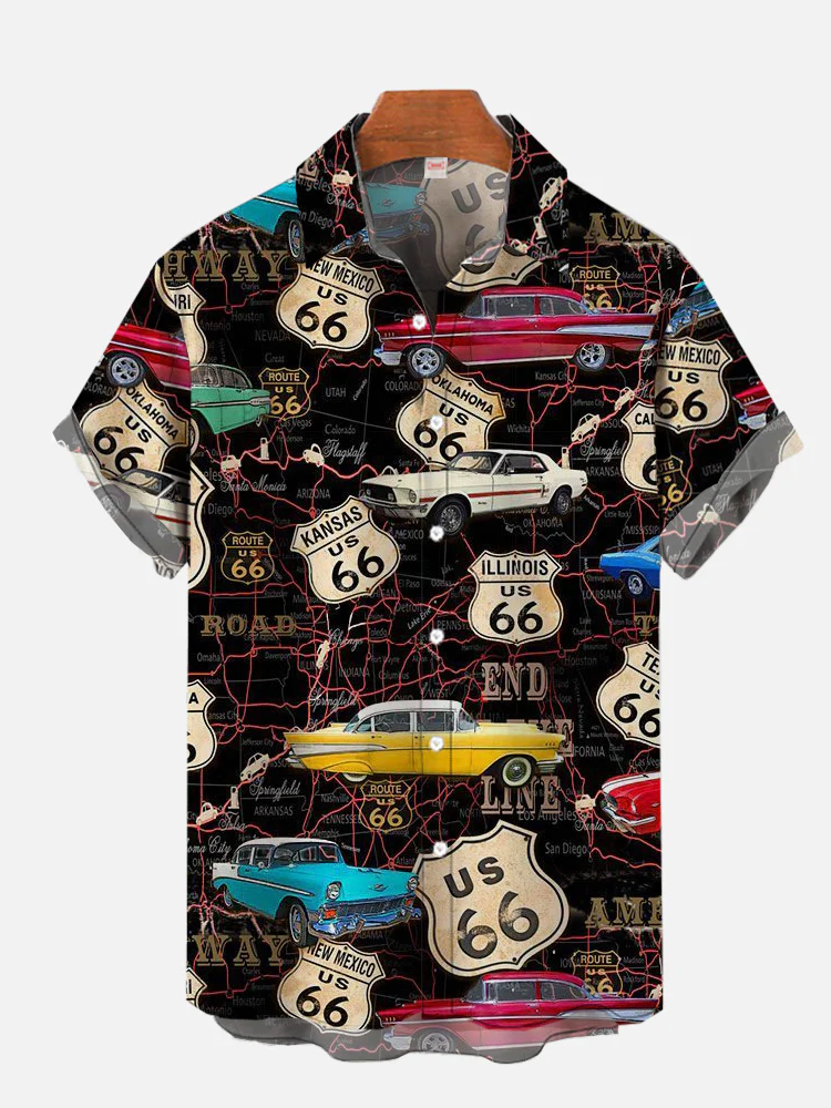 Black Route 66 Classic Cars And Route Map Printing Men's Plus Size Short Sleeve Shirt