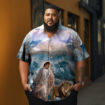 Jesus Holy Writ  and Lion Graphic printed  Men's  Plus Size Short Sleeve Shirt