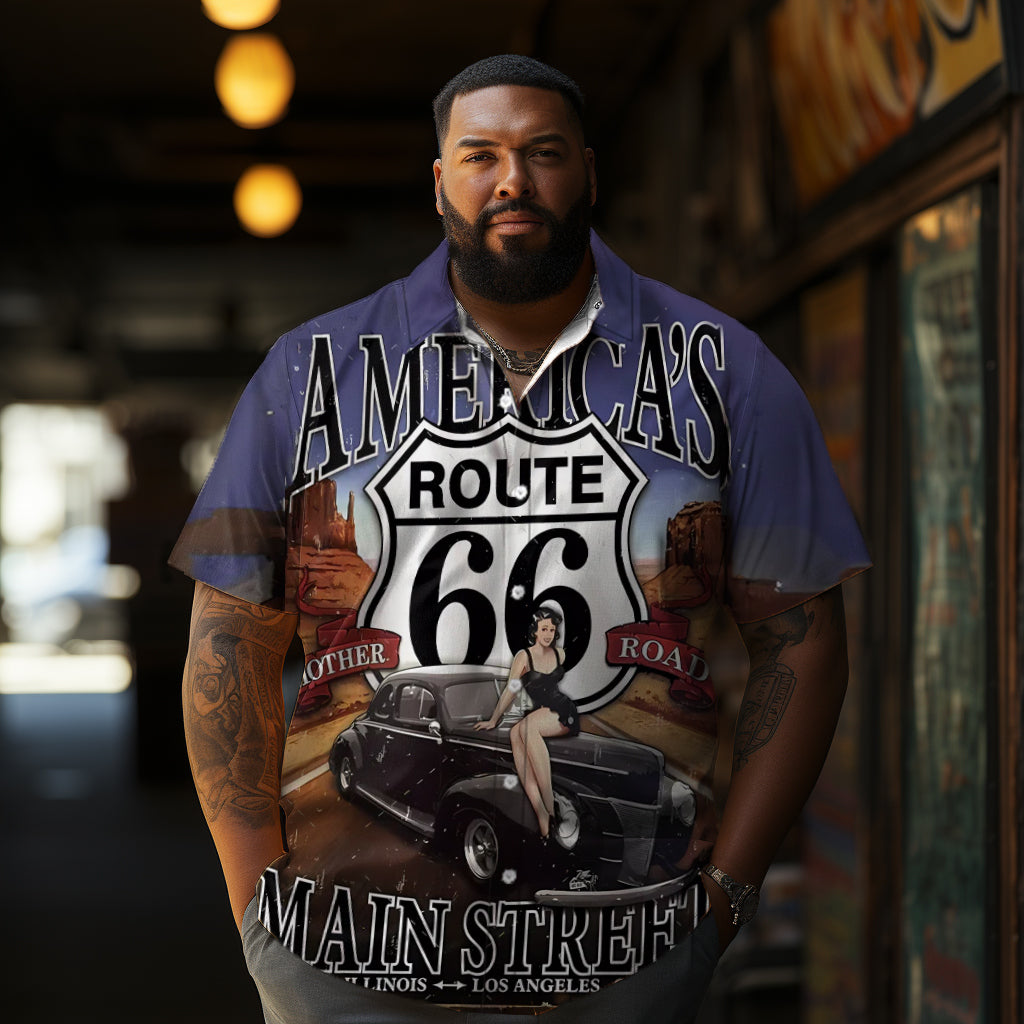 Route 66 Retro Classic Car And Pin Up Girl Printing Men's Plus Size Short Sleeve Shirt
