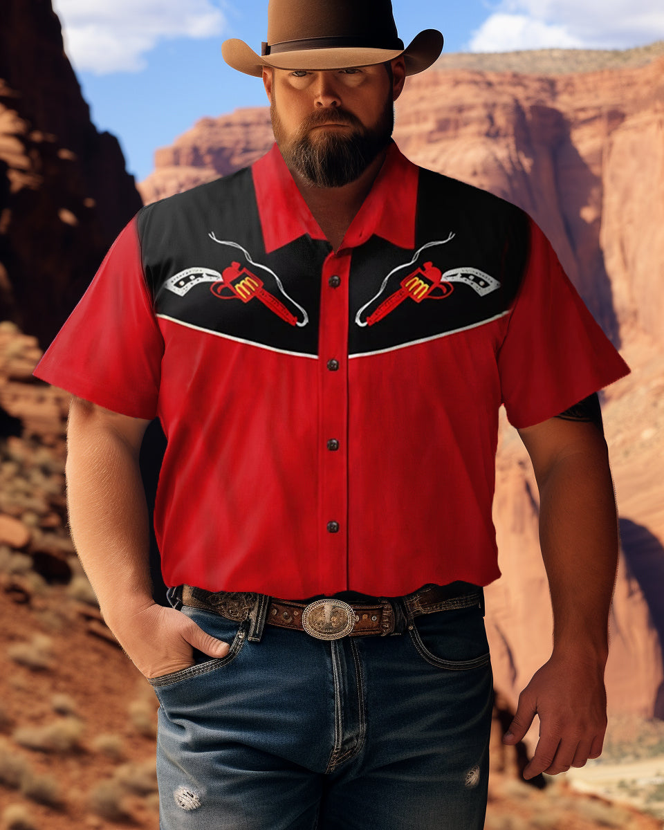 Men's Cowboy Gun Print Plus Size Short Sleeve Shirt