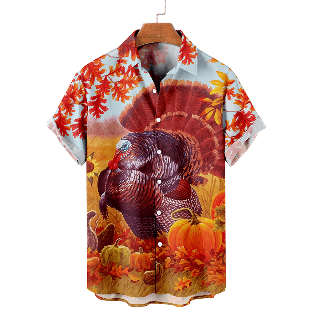 Men's Thanksgiving Turkey Printed Casual Short Sleeve Plus Size Shirt