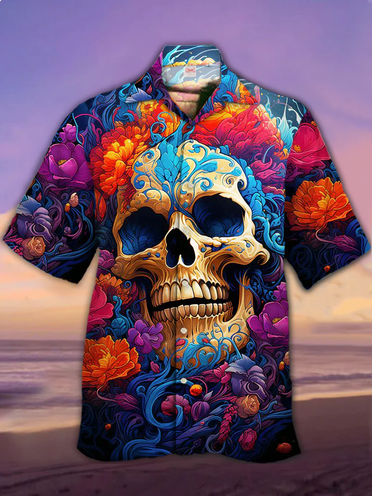 Eye-Catching Hippie Amazing Psychedelic Colorful Floral With Fancy Skull Printing Men's Plus Size Short Sleeve Shirt