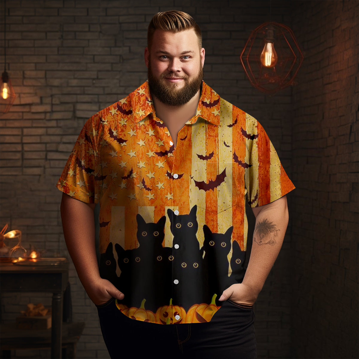Halloween Bat Flag Black Cat Pumpkin Print Men's Short Sleeve Shirt