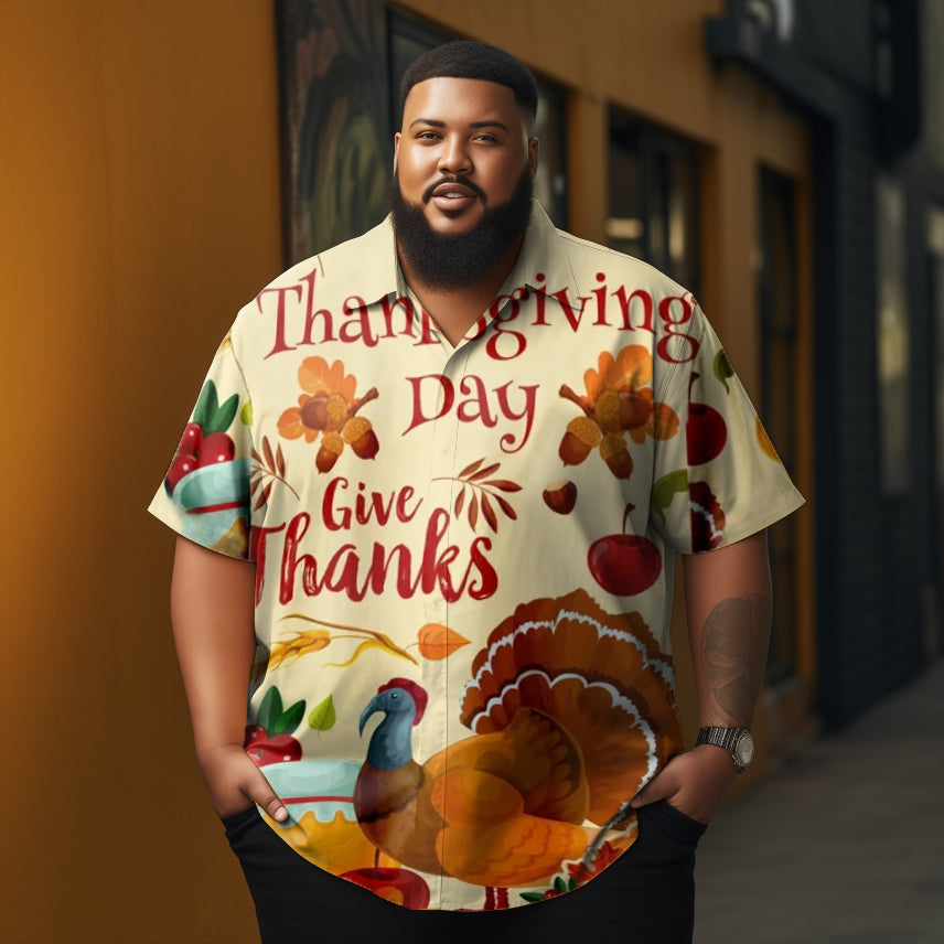 Thanksgiving Turkey Printed  Casual Men's Plus Size Short Sleeve Shirt