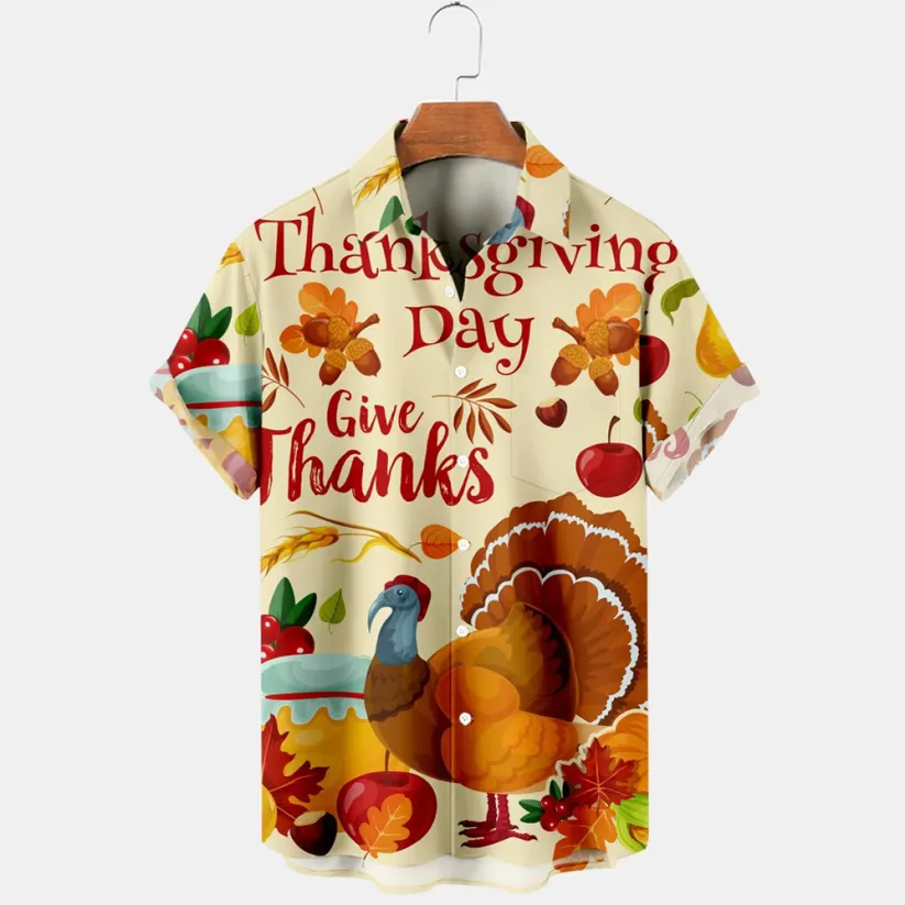 Thanksgiving Turkey Printed  Casual Men's Plus Size Short Sleeve Shirt