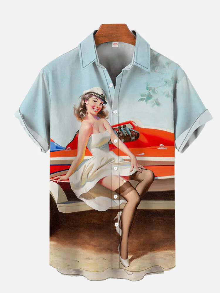 Retro classic car and beauty Printing Men's Plus Size Short Sleeve Shirt