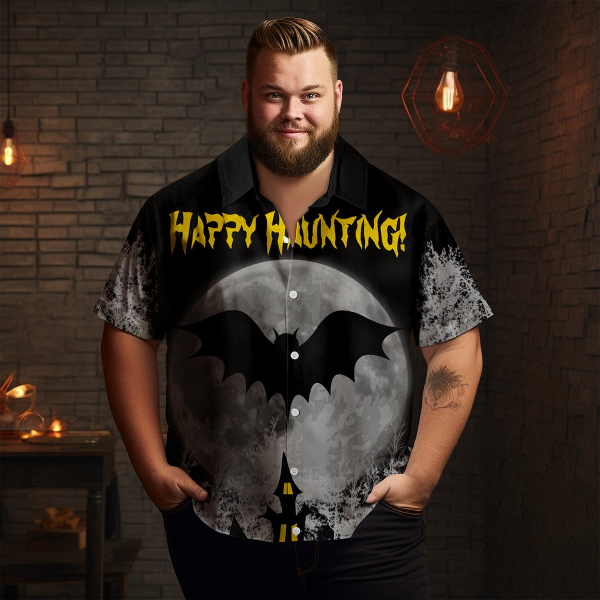 Halloween Bat Fortress Print Men's Short Sleeve Shirt