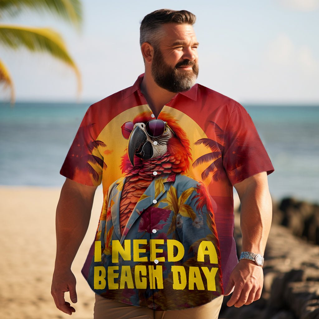 Men's Hawaiian Beach Day Parrot Print Plus Size Short Sleeve Shirt
