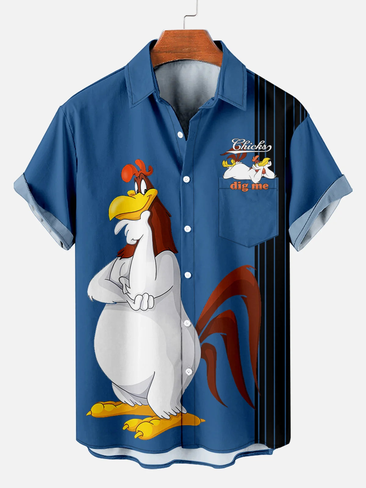 Men's Fun Cartoon Rooster Printed Plus Size Lapel Short Sleeve Shirt  Hawaiian Shirt