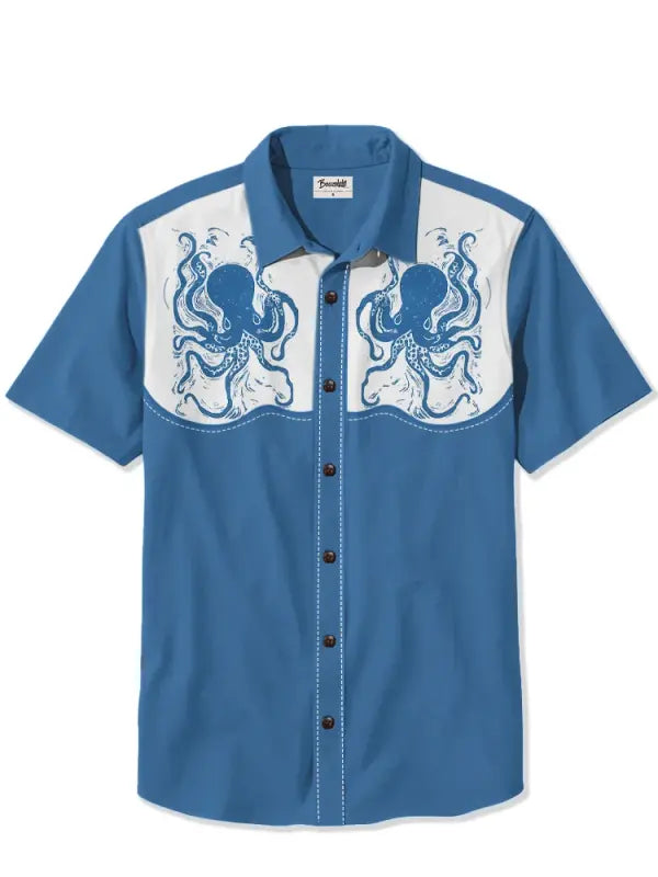 Men's Vintage Western Style Octopuses Printed Plus Size Short Sleeve Shirt