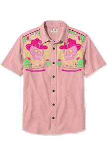 Men's Vintage Pink Skull Cactus Print Plus Size Short Sleeve Shirt