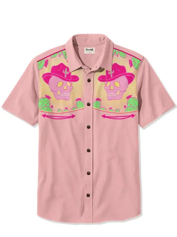 Men's Vintage Pink Skull Cactus Print Plus Size Short Sleeve Shirt