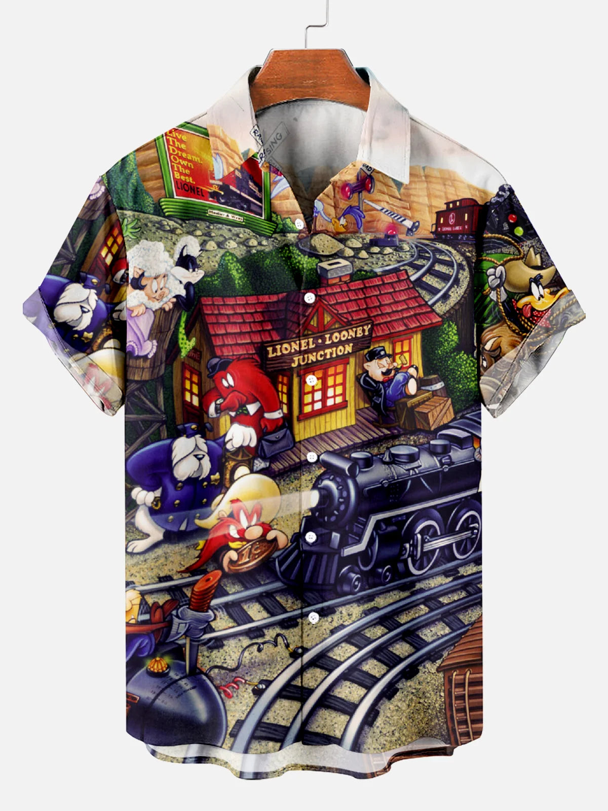 Men's Fun Cartoon Train Printed Plus Size Lapel Short Sleeve Shirt  Hawaiian Shirt
