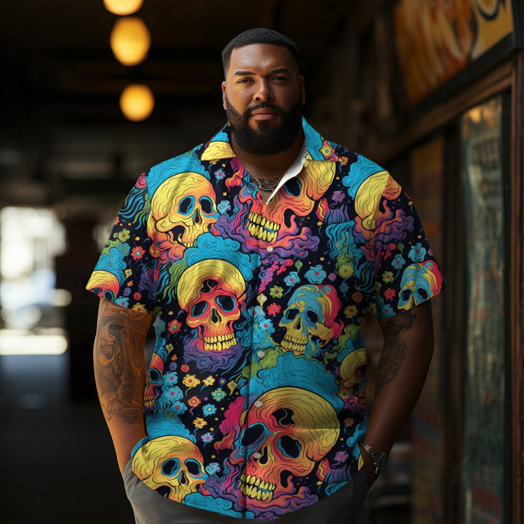 Colorful Magic Psychedelic Skull  Printing  Men's Plus Size Short Sleeve Shirt