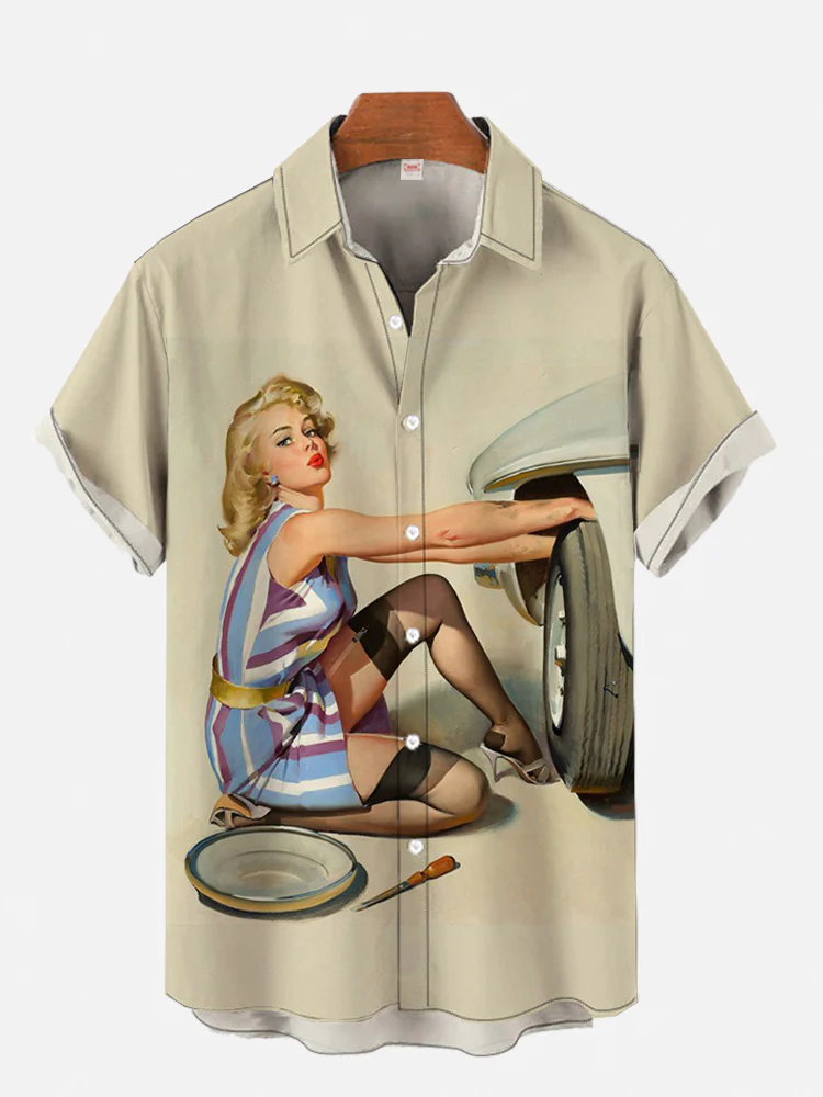Vintage Pin Up Art Tire Repair Girl Printing Men's Plus Size Short Sleeve Shirt