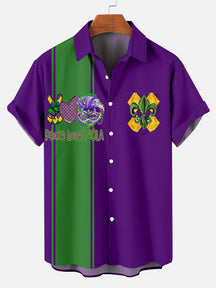 Mardi Gras Green and Purple Contrast  Printed Men's  Plus Size Short Sleeve Shirt  Hawaiian Shirt