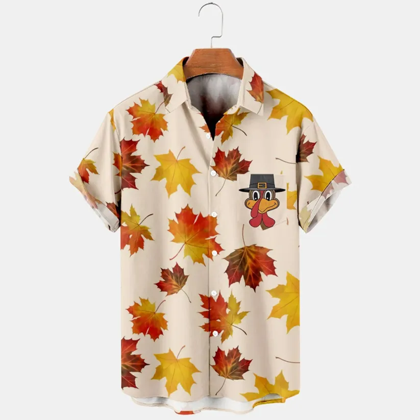 Thansgiving Maple Leaf Funny LittleTurkey Printed  Casual Men's Plus Size Short Sleeve Shirt