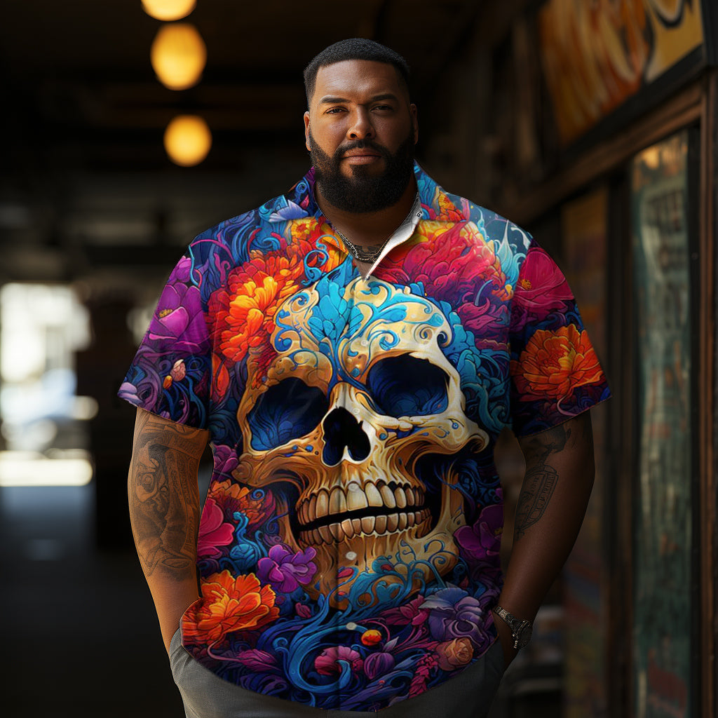 Eye-Catching Hippie Amazing Psychedelic Colorful Floral With Fancy Skull Printing Men's Plus Size Short Sleeve Shirt