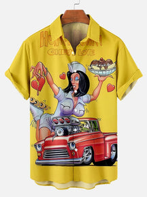 Vintage Car and beauty illustration  printed  Plus Size Short Sleeve Shirt