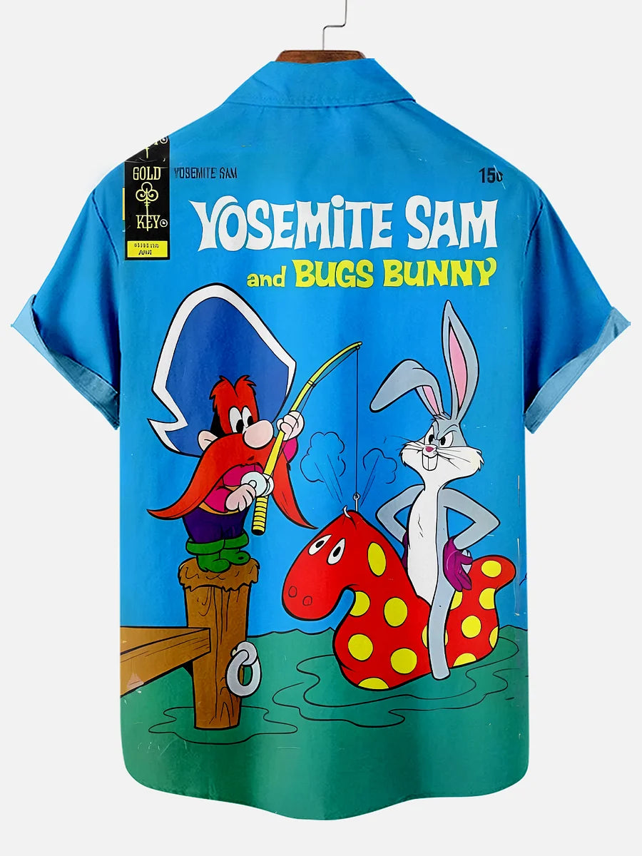 Men's Classic Cartoon Fishing Printed Plus Size Lapel Short Sleeve Shirt  Hawaiian Shirt