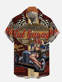 Hot Rod Retro Vintage Metal Garage Revolution Pinup Girl Printing Men's Plus Size Short Sleeve Shirt