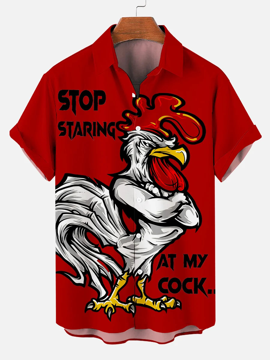 Men's  Christmas Cartoon Funny Rooster Print Plus Size Lapel Short Sleeve Shirt  Hawaiian Shirt