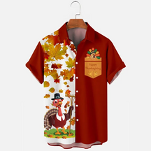 Thansgiving Happy Turkey Maple Leaf Casual  Men's Plus Size Short Sleeve Shirt