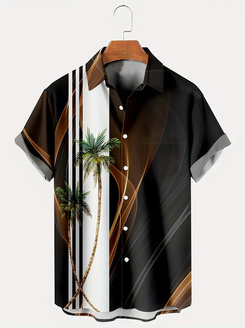 Coconut Tree Printed  Casual Men's Plus Size Short Sleeve Shirt