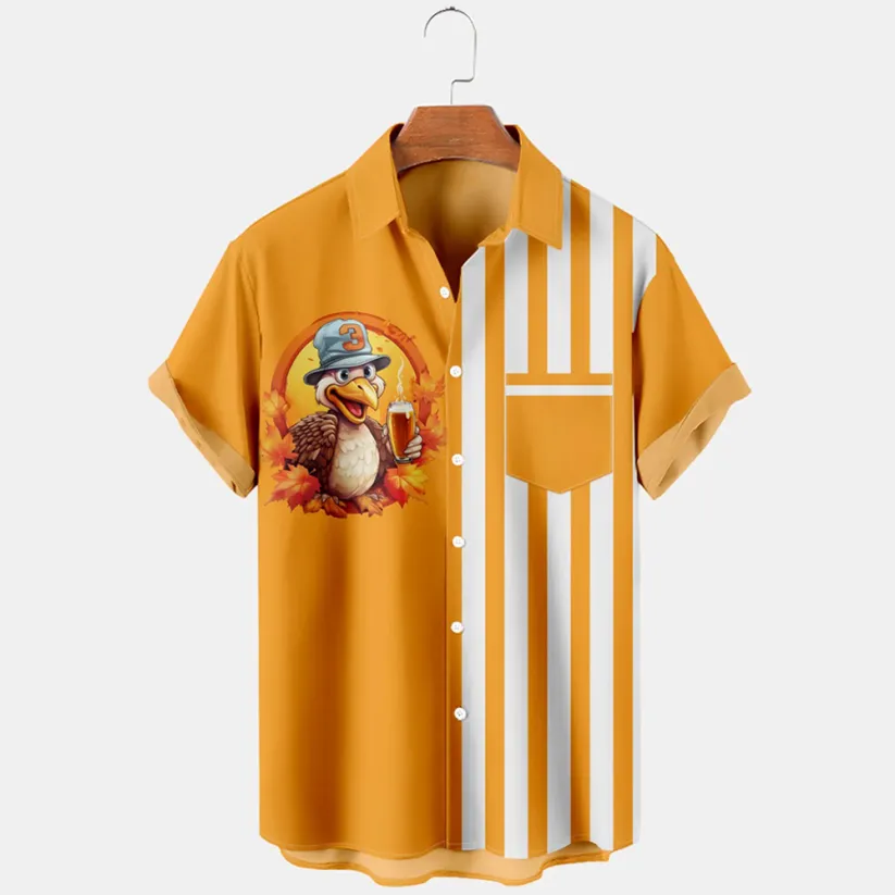 Thansgiving  Turkey Strips  Printed  Casual Men's Plus Size Short Sleeve Shirt