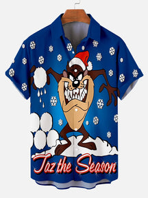Men's Classic Christmas Snowflake Cartoon Big Mouth Monster Printed Plus Size Lapel Short Sleeve Shirt  Hawaiian Shirt