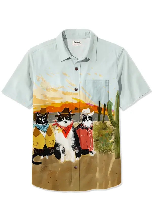 Men's Cat Cowboy Print Plus Size Short Sleeve Shirt