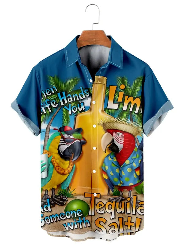 Hawaiian Parrot Casual Loose Men's Plus Size Short Sleeve Shirt