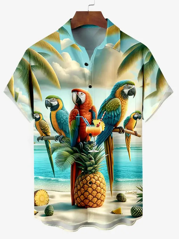 Men's Comfortable Hawaiian Parrot Print Plus Size Short Sleeve Shirt
