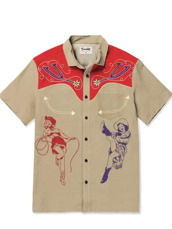Men's Pin Up Cowgirl Printed Plus Size Short Sleeve Shirt