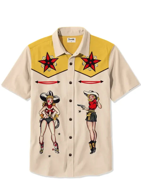 Men's Star Cowgirl Printed Plus Size Short Sleeve Shirt