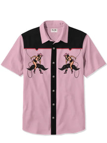 Men's Wild Cowgirl Printed Plus Size Short Sleeve Shirt