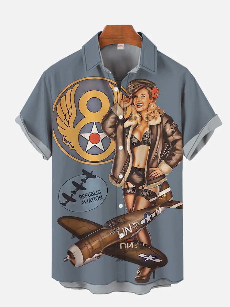 Retro Classic Plane And Pin Up Girl Printing Men's Plus Size Short Sleeve Shirt