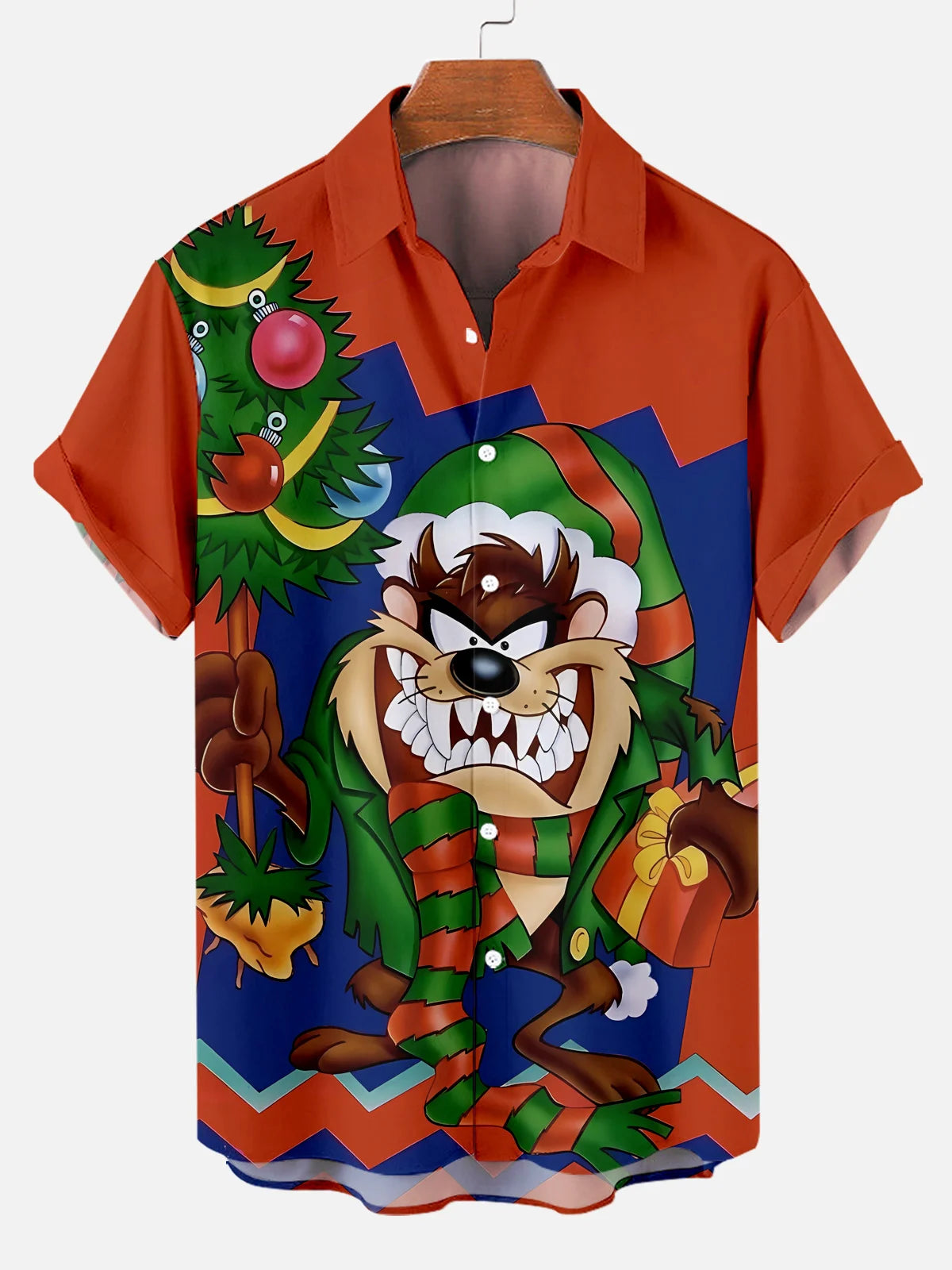 Men's Christmas Fun Cartoon Big Mouth Monster Christmas Tree Plus Size Lapel Short Sleeve Shirt  Hawaiian Shirt