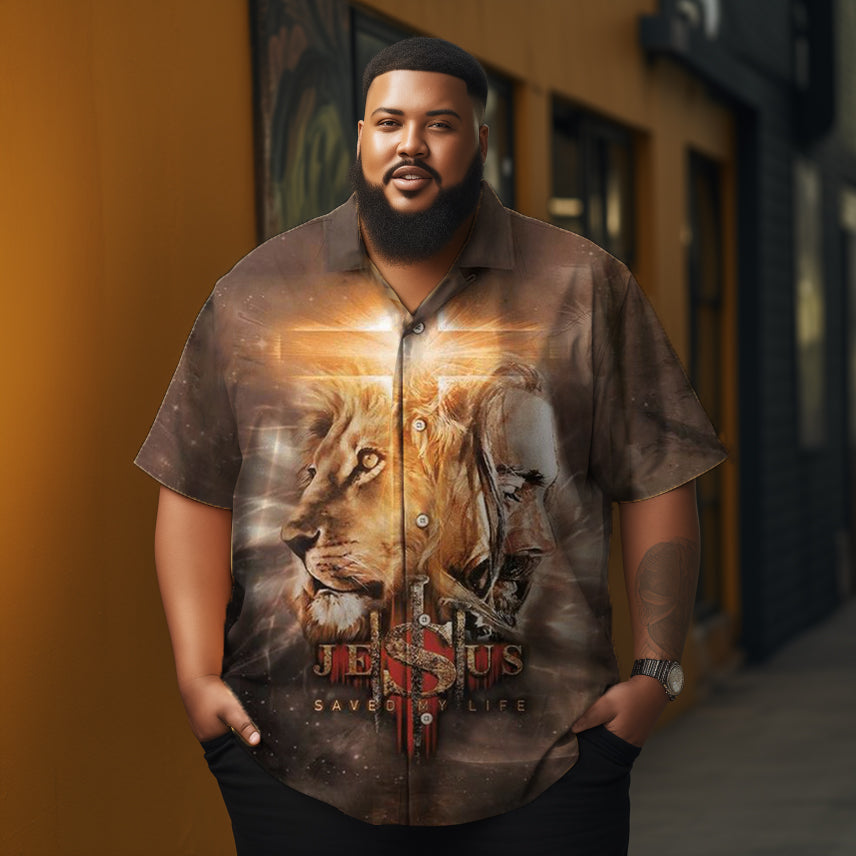 Gross Jesus and Lion Graphic printed  Men's  Plus Size Short Sleeve Shirt