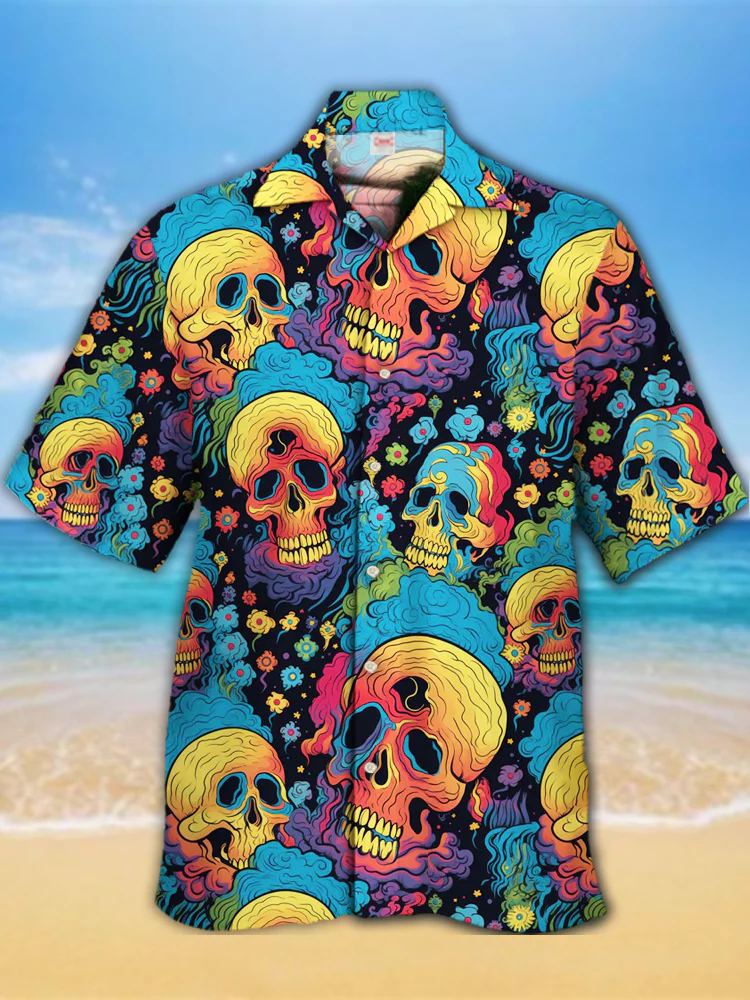 Colorful Magic Psychedelic Skull  Printing  Men's Plus Size Short Sleeve Shirt