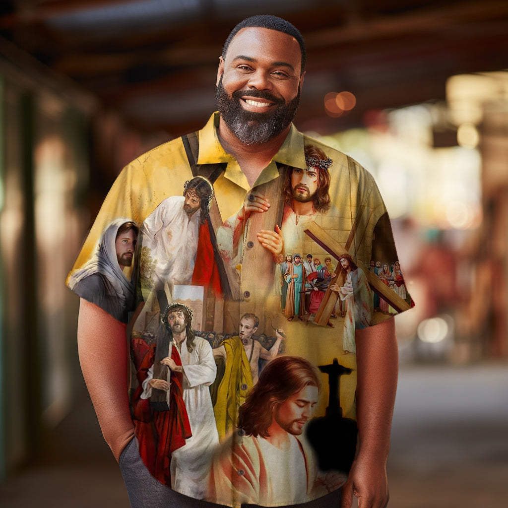 The Station Of The Cross  Jesus printed  Men's  Plus Size Short Sleeve Shirt