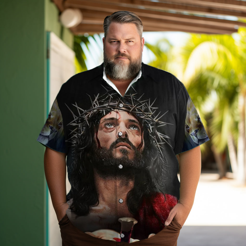 Jesus oil painting portrait  printed  Men's  Plus Size Short Sleeve Shirt