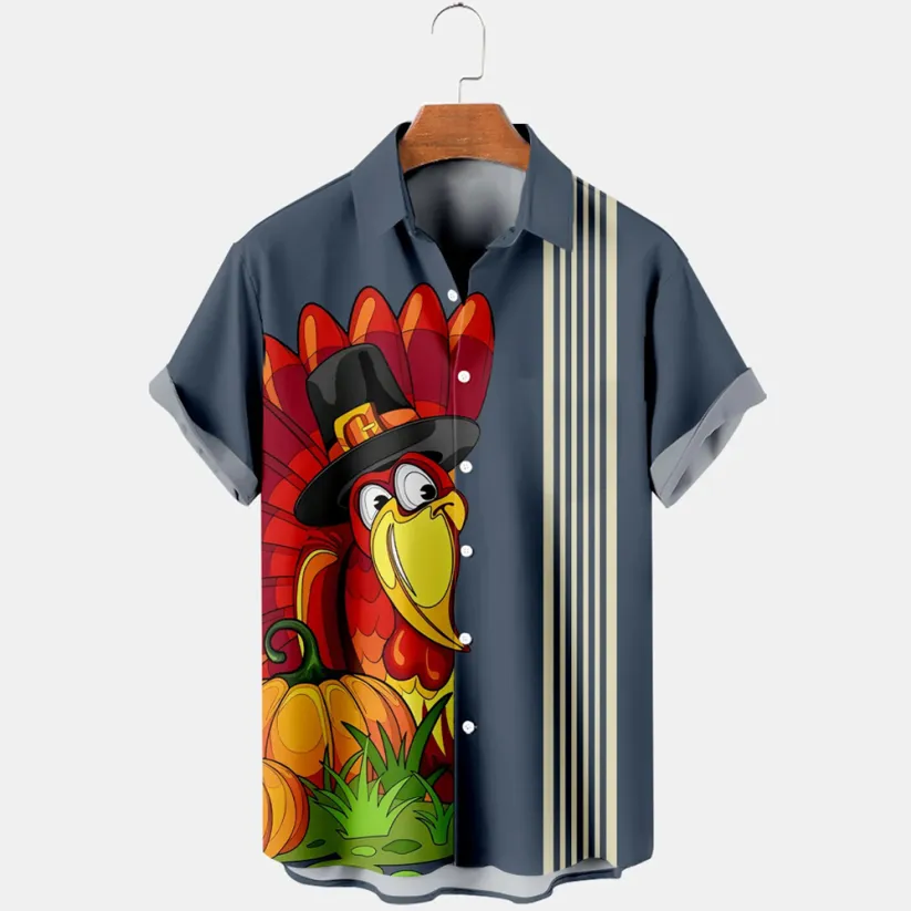 Thansgiving Funny Turkey Printed  Casual Men's Plus Size Short Sleeve Shirt