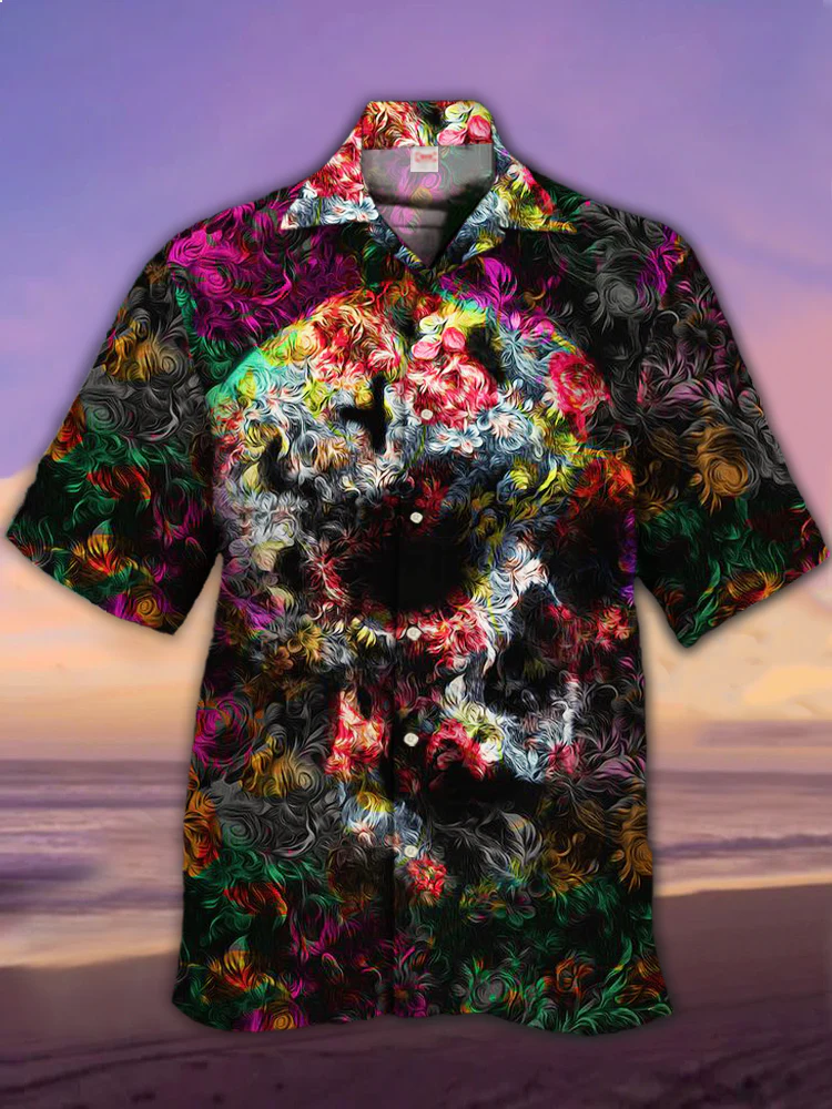 Eye-Catching Psychedelic Vague Weird Floral Skull Printing  Men's Plus Size Short Sleeve Shirt