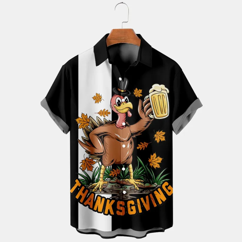 Thanksgiving turkey drinking beer Men's Plus Size Short Sleeve Shirt